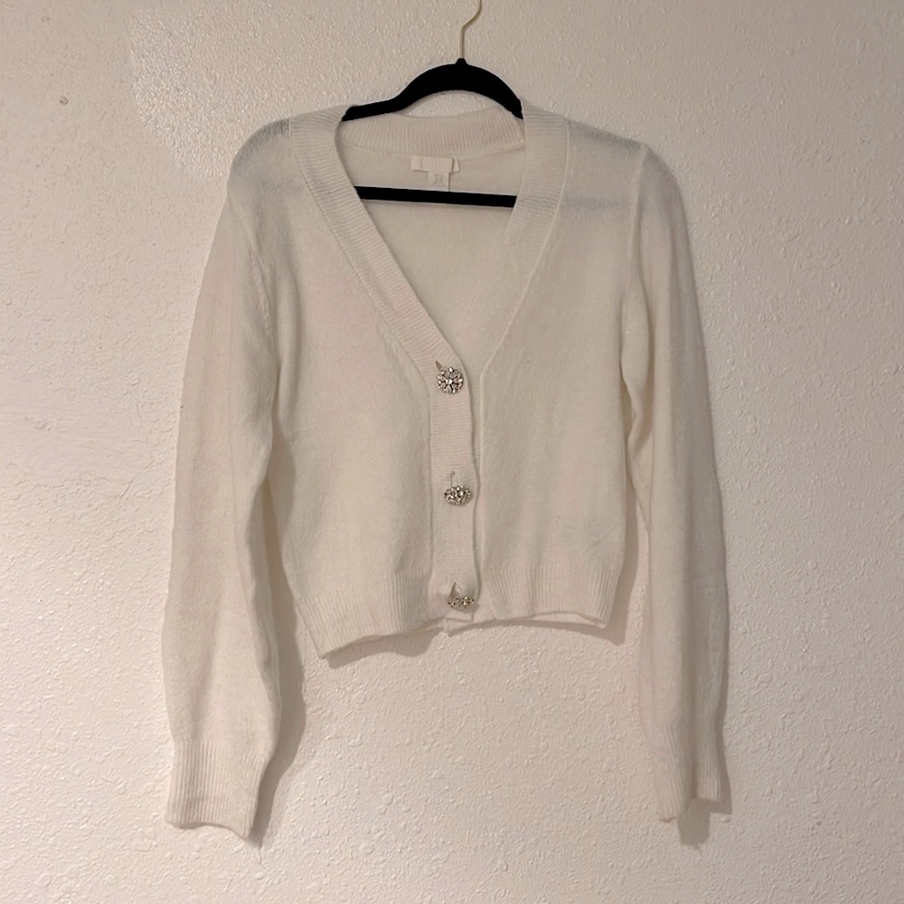 White Rhinestone Button Knit Cardigan - Picture 2 of 4